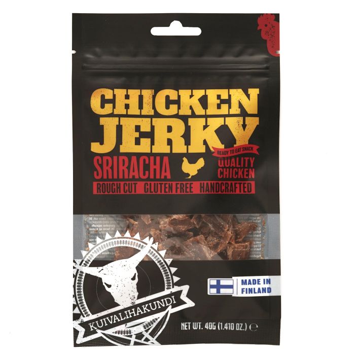 Kuivalihakundi Chicken Jerky Sriracha kanafilee, gluteeniton soijakastike (vesi, soijaproteiinihydrolysaatti, suola),