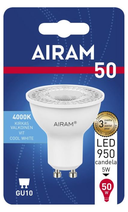 Airam LED-GU10 4000K 950cd -Energialuokka: A+ -Varilampotila: 4000K -Kanta: GU10 -Teho: 5W, 950cd -Takuu 36kk