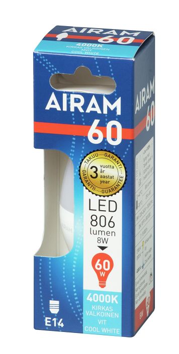 Airam Dim LED-kynttilalamppu E14 2700K 480lm -Energialuokka: A+ -Varilampotila: 2700K -Himmennettava -Kanta: E14 -Teho: 6W,