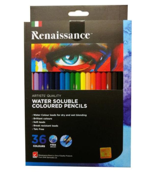 Renaissance vesiliukoiset puuvarikynat 36kpl Vesiliukoiset puuvarikynat/Akvarellikynat. Kynilla voi piirtaa paperille ja