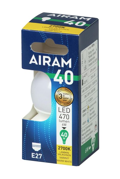 Airam LED-koristelamppu E27 2700K 470lm -Energialuokka: A+ -Varilampotila: 2700K -Kanta: E27 -Teho: 6W, 470LM -Takuu 36kk