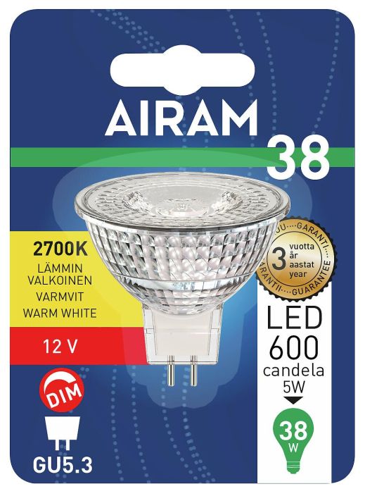 Airam LED-GU5,3 lamppu 2700K 470lm Dim -Energialuokka: A+ -Varilampotila: 2700K -12V- AC -Himmennettava DIm -Kanta: GU5.3