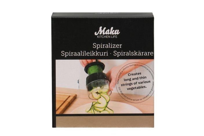 Maku Spiraalileikkuri Mini tekee ohutta nauhaa monista juureksista &amp; kasviksista. Kolme eri teravaihtoehtoa.