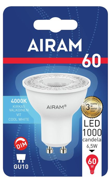 Airam Dim LED-GU10 4000K 1000cd -Energialuokka: A+ -Varilampotila: 4000K -Himmennettava -Kanta: GU10 -Teho: 6,5W, 1000cd