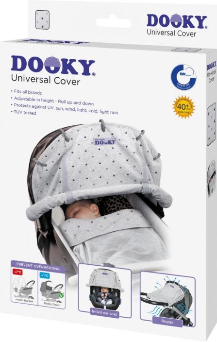 Dooky Universal Cover vaunuverho light grey crowns Dooky Universal Cover luo lapselle hiljaisen ja rauhallisen ympariston