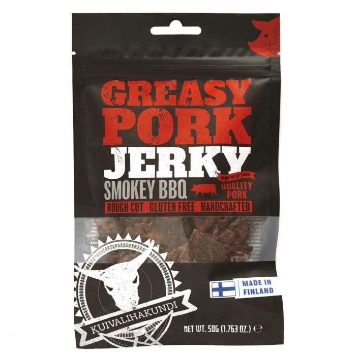 Kuivalihakundi Pork Jerky Smokey bbq porsaan kassler, gluteeniton soijakastike (vesi, soijaproteiinihydrolysaatti, suola)