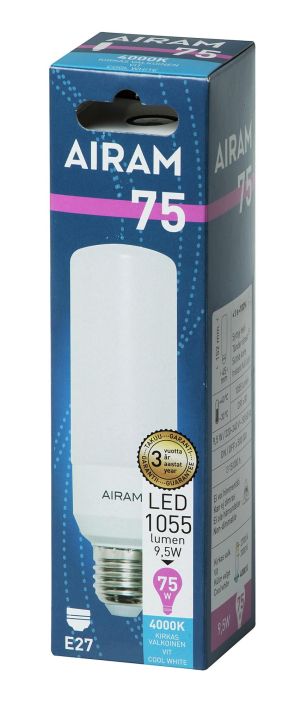 Airam LED-Tubular E27 4000K 1055lm -Energialuokka: A+ -Varilampotila: 4000K -Kanta: E27 -Teho: 9,5W, 1055LM -Takuu 36kk
