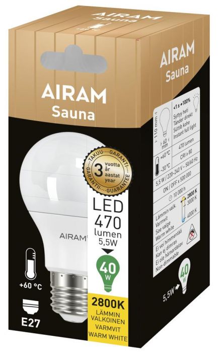 Airam Sauna-LED E27 2800K 470lm -Energialuokka: A+ -Varilampotila: 2800K -Kayttolampotila: +60 -Kanta: E27 -Teho: 5,5W,