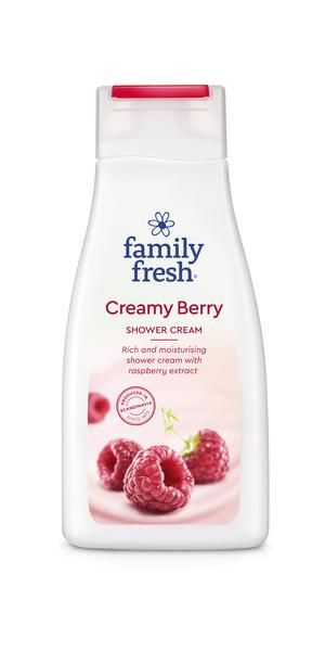Family Fresh Creamy Berry suihkusaippua 0,5L Suloisilta vadelmilta tuoksuva taytelainen suihkusaippua.