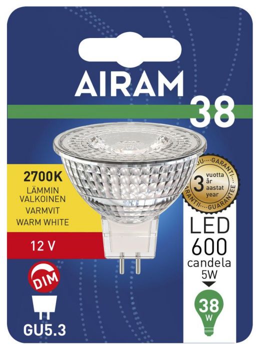 Airam LED-GU5,3 lamppu 2700K 470lm Dim -Energialuokka: A+ -Varilampotila: 2700K -12V- AC -Himmennettava DIm -Kanta: GU5.3