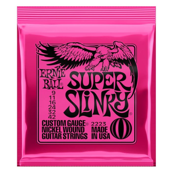 Ernie Ball Super Slinky EB-2223 Electrics-kielet. Ernie Ball Slinky Electrics-kielet ovat Ernie Ball-yhtion tunnetuin