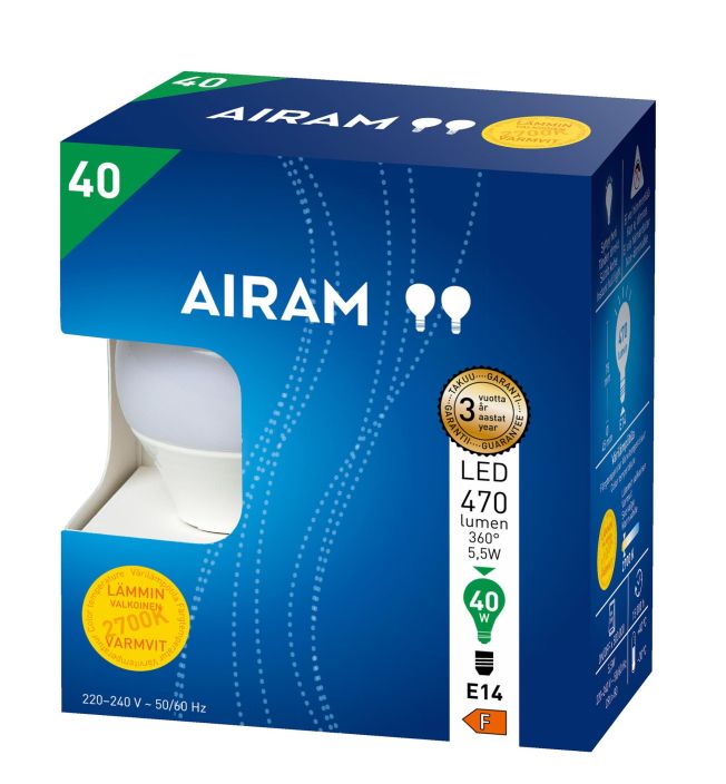 Airam Led-mainoslamppu 2kpl 5,5W E14 kanta 470lm Erittain kattava lamppusarja, josta loytyy vaihtoehto kaikkiin kodin