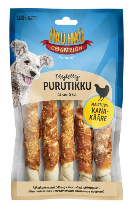 Hau-Hau Champion Toytetty purutikku 13cm 5kpl 180g Hau-Hau Champion taytetty purutikku on naudannahkainen puruluu, joka on