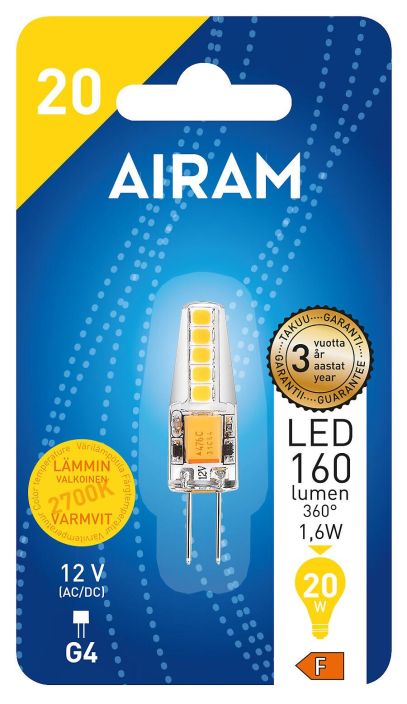 Airam LED-G4 160lm/2700K 12v Energialuokka: A++ -Varilampotila: 2700K -12V- AC -Kanta: G4 -Teho: 1,8W, 170LM -Takuu 36kk