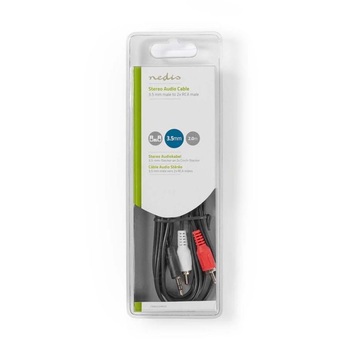 Nedis stereoaudiokaapeli 3,5 mm Uros - 2x RCA, Uros 2M Tata stereoaanikaapelia, jossa on 3,5 mm liittimet RCA:han, voidaan