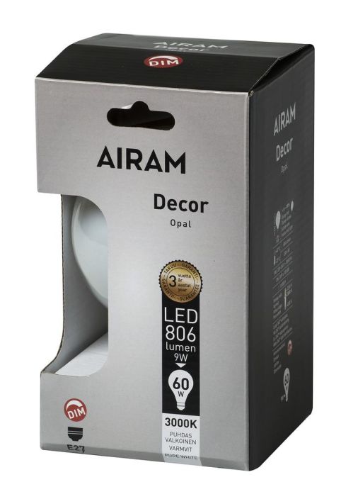 Airam Led-Decor E27 830lm Dim G95 -Varilampotila: 3000K -Himmennettava DIM -Kanta: E27 -Teho: 9W, 830LM -Mitat: Ø 95/130