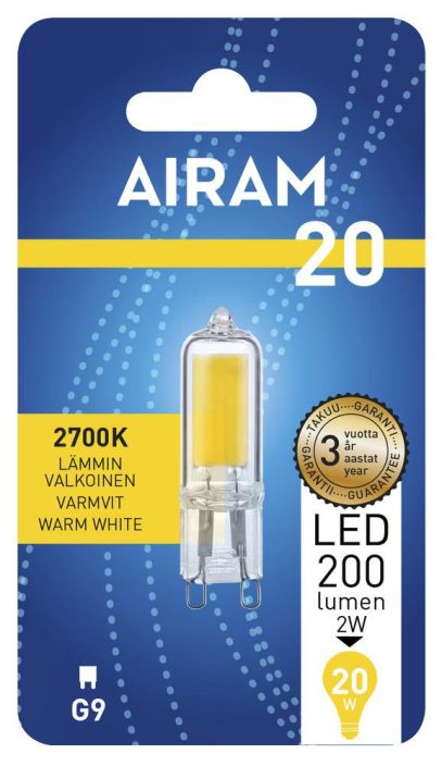 Airam LED-G9 lamppu 2700K 200lm Energialuokka: A++ -Varilampotila: 2700K -Kanta: G9 -Teho: 2W, 200LM -Takuu 36kk