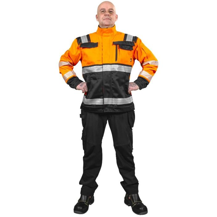 TAKKI GRANIITTI FL.ORANS/MUSTA LK2 EN20471 - 80% polyesteri, 20% puuvilla, 290 g/m² - etuvetoketju tuulilistalla -