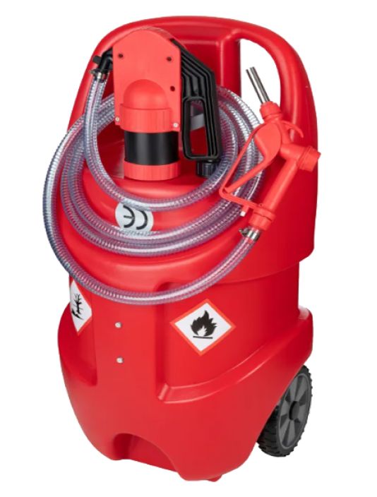 Bensiinisailio 75L 75L bensiinisailio kasikayttoisella polttoainepumpulla ja polttoainepistoolilla. Tuotto 20L/min. Pyorilla