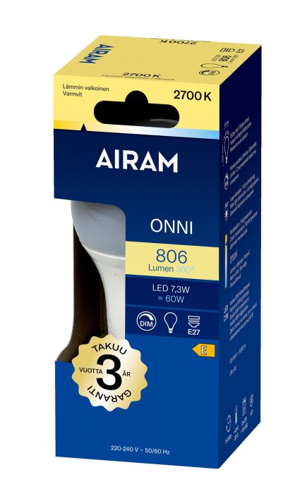 Airam Dim LED-classic lamppu E27 2700K 806lm -Energialuokka: A+ -Varilampotila: 2700K -Himmennettava -Kanta: E27 -Teho: