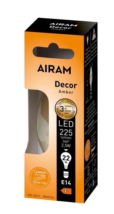 Airam Led-Decor amber E14 250lm Dim -Varilampotila: 2200K -Himmennettava DIM -Kanta: E14 -Teho: 2W, 250LM -Mitat: Ø 35/97