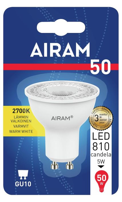 Airam LED-GU10 lamppu 2700K 370lm/810cd -Energialuokka: A+ -Varilampotila: 2700K -Kanta: GU10 -Teho: 5W, 370LM/810cd -Takuu