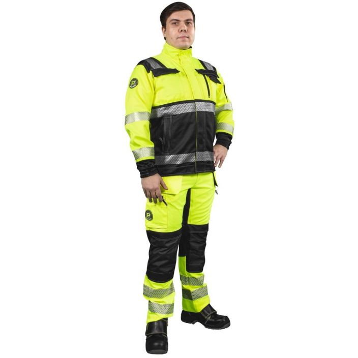 TAKKI GRANIITTI FL.KELT/MUSTA LK2 EN20471 - 80% polyesteri, 20% puuvilla, 290 g/m² - etuvetoketju tuulilistalla -