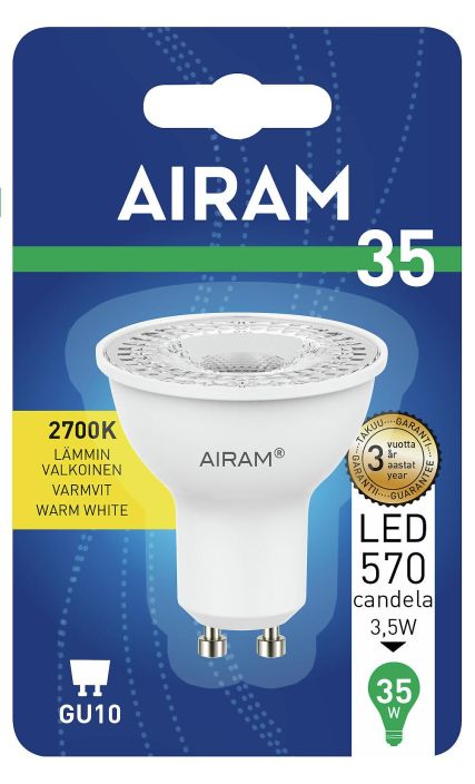 Airam LED-GU10 lamppu 2700K 265lm/570cd -Energialuokka: A+ -Varilampotila: 2700K -Kanta: GU10 -Teho: 3,5W, 250LM/510cd