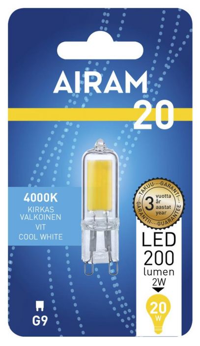 Airam LED-G9 lamppu 4000K 200lm Energialuokka: A++ -Varilampotila: 4000K -Kanta: G9 -Teho: 2W, 200LM -Takuu 36kk