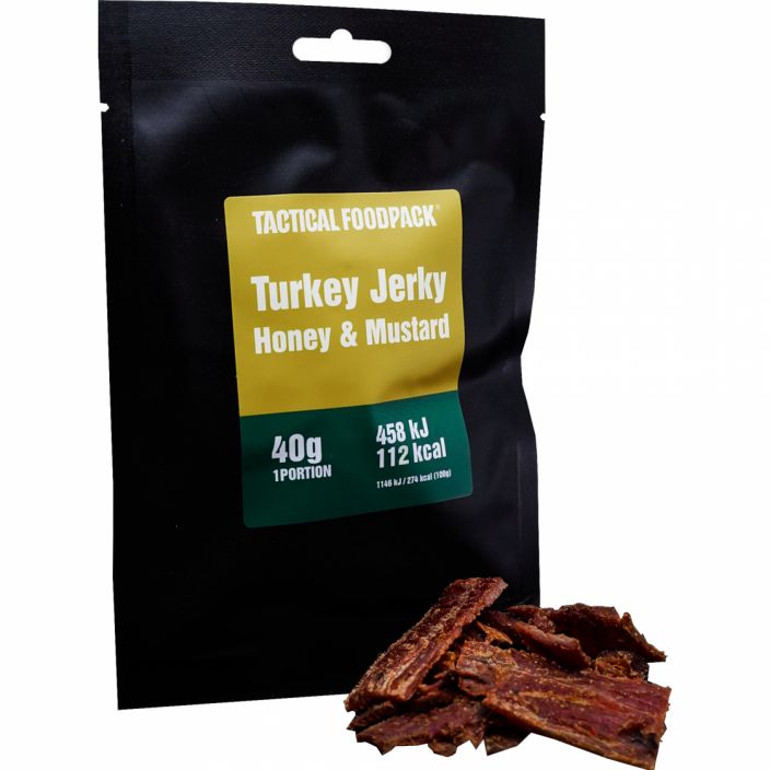 Tactical Foodpack Turkey Jerky Honey and Mustard 40g Our Turkey Jerky is carefully soaked in Honey, Mustard and Onion