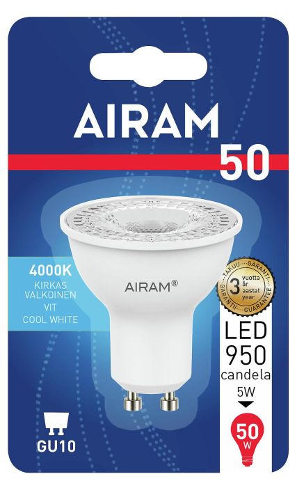 Airam LED-GU10 4000K 390lm -Energialuokka: A+ -Varilampotila: 4000K -Kanta: GU10 -Teho: 5W, 950cd -Takuu 36kk