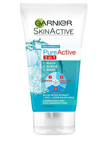 Garnier Pure Active 3in1 puhdisnaamio 150ml 3in1 kuoriva puhdistusnaamio sopii rasvoittuvalle iholle, jolla esiintyy