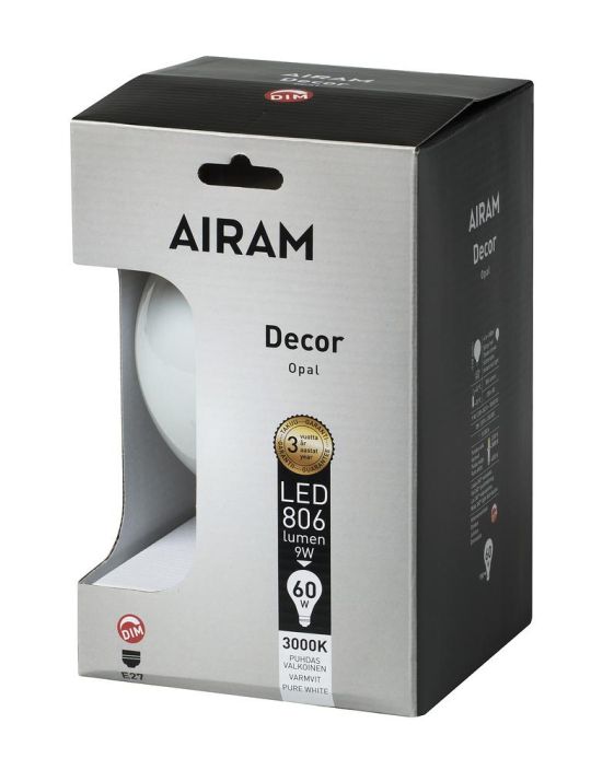 Airam Led-Decor E27 830lm Dim G120 -Varilampotila: 3000K -Himmennettava DIM -Kanta: E27 -Teho: 9W, 806LM -Mitat: Ø 120/160