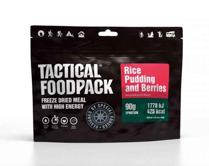 Tactical Foodpack Riisipuuro vadelmilla 90g Herkullinen aamiainen, johon on lisatty 10% murskattuja vadelmia.