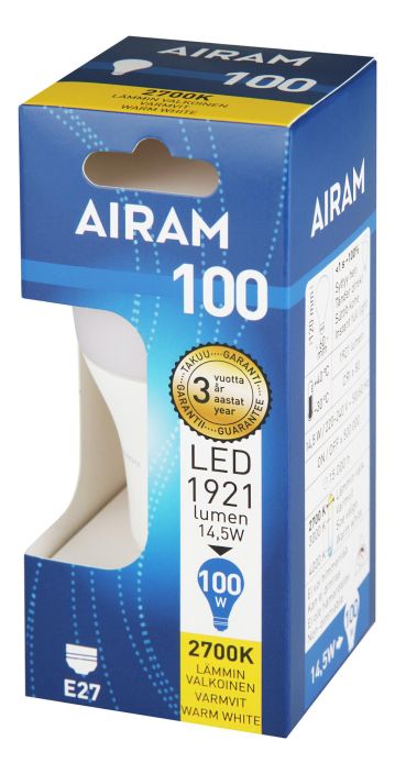 Airam LED-classic lamppu E27 2700K 1921lm -Energialuokka: A+ -Varilampotila: 2700K -Kanta: E27 -Teho: 14,5W, 1921LM -Takuu