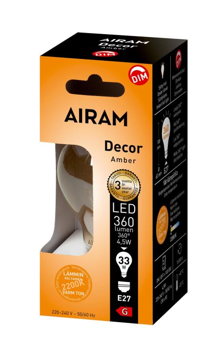 Airam Led-Decor amber E27 380lm Dim -Varilampotila: 2200K -Kanta: E27 -Himmennettava -Teho: 5W, 360LM -Energialuokka: A+