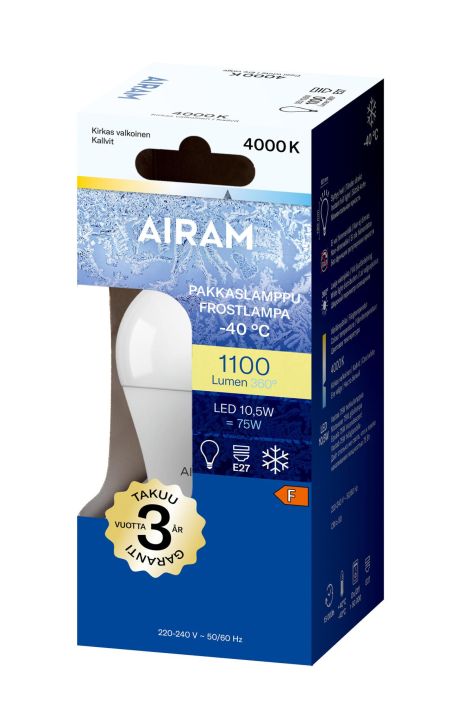 Airam LED-Pakkaslamppu E27 4000K 1055lm -Energialuokka: A+ -Varilampotila: 4000K -Kayttolampotila: -40..+40 -Kanta: E27