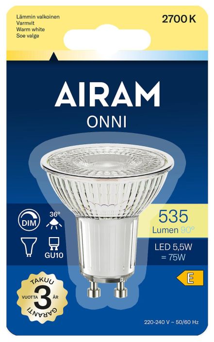 Airam DIM LED-kohdelamppu GU10 lamppu 2700K 535lm/800cd Tarkeimmat kodin valaistustarpeet kattava lamppusarja, jonka kaikki