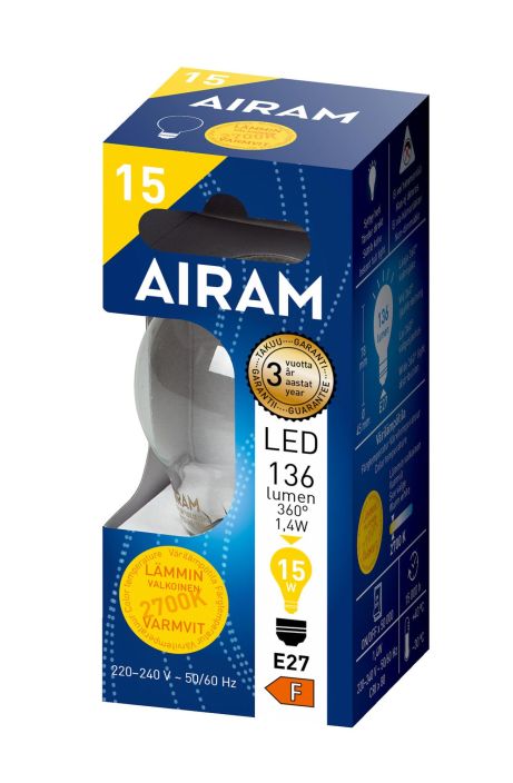 Airam Led-koristelamppu filamentti 136lm E27 1,2W Kirkaskupuiset filamenttilamput korvaavat vanhat kirkkaat hehku- ja