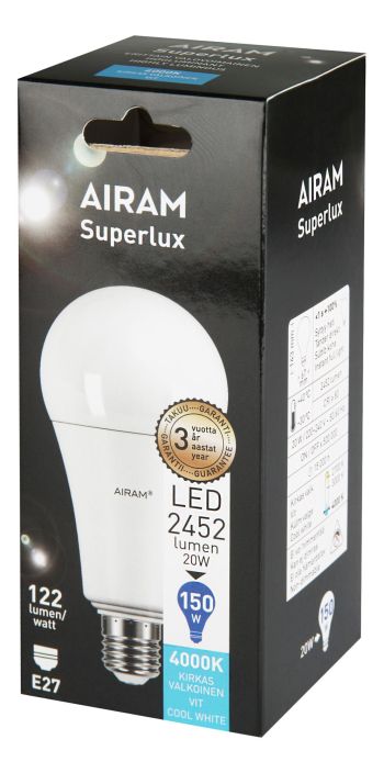Airam LED-Superlux E27 4000K 2452lm -Energialuokka: A++ -Varilampotila: 4000K -Kayttolampotila: -20..+40 -Kanta: E27 -Teho: