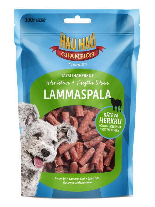 Hau-Hau Champion Tayslihaherkut-lammaspala 100g Hau-Hau Champion Lammaspala on maistuva herkku, joka on valmiiksi sopivan