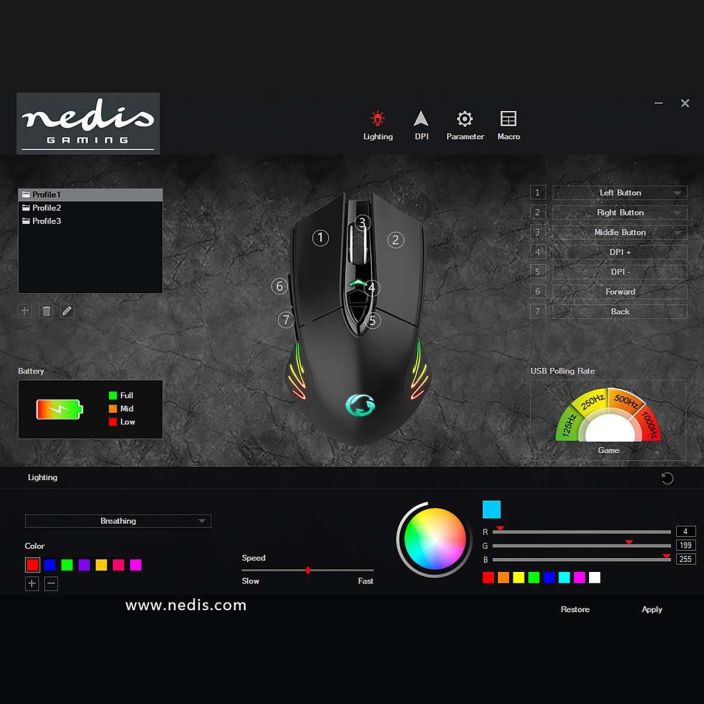 Nedis Gaming Mouse Wired / Wireless | RGB Illuminated | 500-10000 DPI | 7 buttons