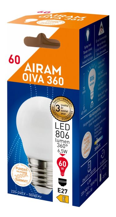 Airam Oiva LED-classic lamppu E27 3000K 806lm Oiva-lamppusarja kattaa kaikki tavallisimmat kodin valaistustarpeet. Valon