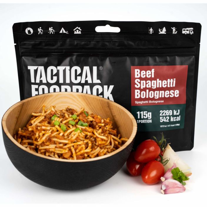 Tactical Foodpack Spagetteja ja naudanlihaa tomaattikastikkeessa 115g retkiateria Meidan versio klassisesta spagetti