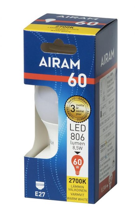 Airam LED-classic lamppu E27 2700K 806lm -Energialuokka: A+ -Varilampotila: 2700K -Kanta: E27 -Teho: 8,5W, 806LM -Takuu 36kk