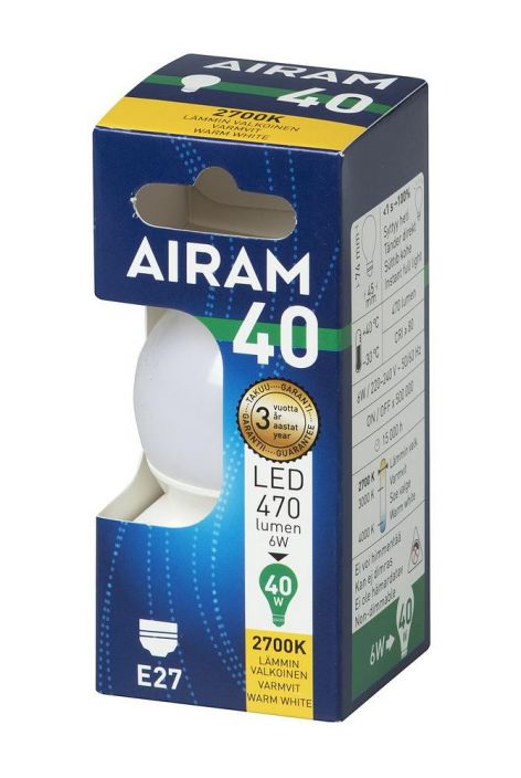 Airam LED-koristelamppu E27 2700K 470lm -Energialuokka: A+ -Varilampotila: 2700K -Kanta: E27 -Teho: 6W, 470LM -Takuu 36kk