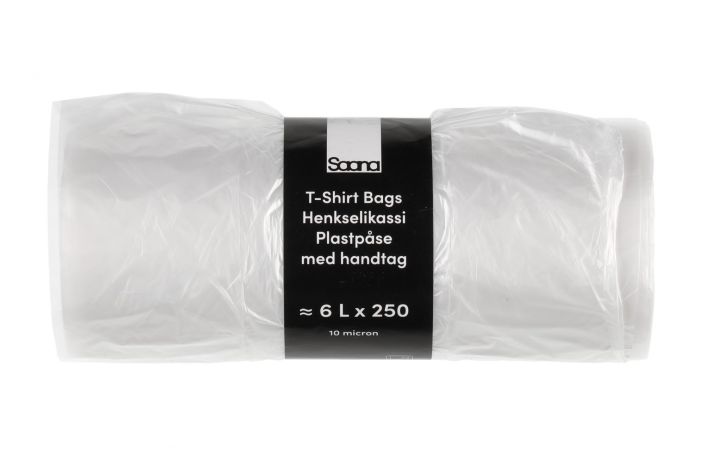 Saana Henkselipussi 6 L 250kpl/rll Kassin leveys 22 cm, pituus 42 cm + kahvat 12 cm. Vahvuus 10 mikronia.