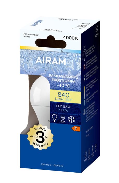 Airam LED-Pakkaslamppu E27 4000K 810lm -Energialuokka: A+ -Varilampotila: 4000K -Kayttolampotila: -40..+40 -Kanta: E27