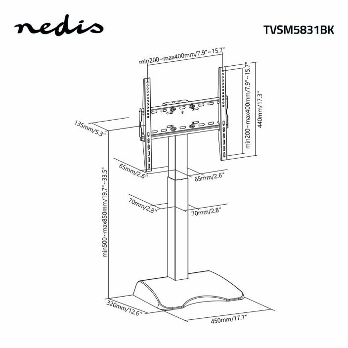 Nedis Moottoroitu TV-teline 32-65 &quot; Alumiini / Teras Musta Nedis©-merkin moottoroitu, korkeussaadettava poytateline sopii