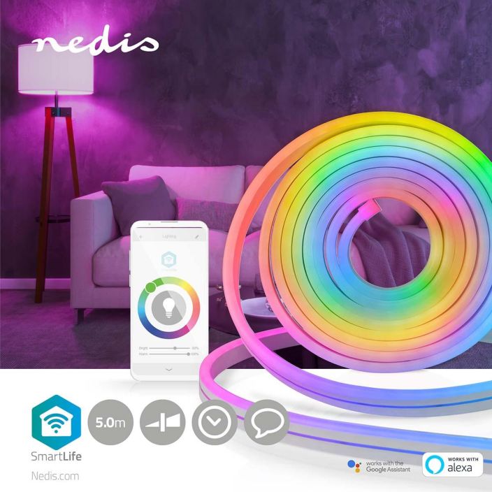 Nedis SmartLife RGB LED-Nauha Neontyylista LED-nauhaa voi kayttaa seka sisalla etta ulkona, silla siina on vesitiivis kotelo